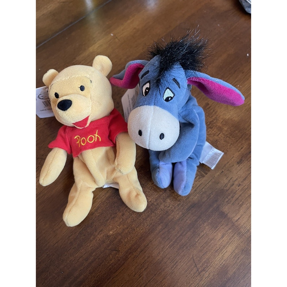 Disney Store - Mini Bean Bag Plush - Classic Pooh 8" and Classic Eeyore 9"